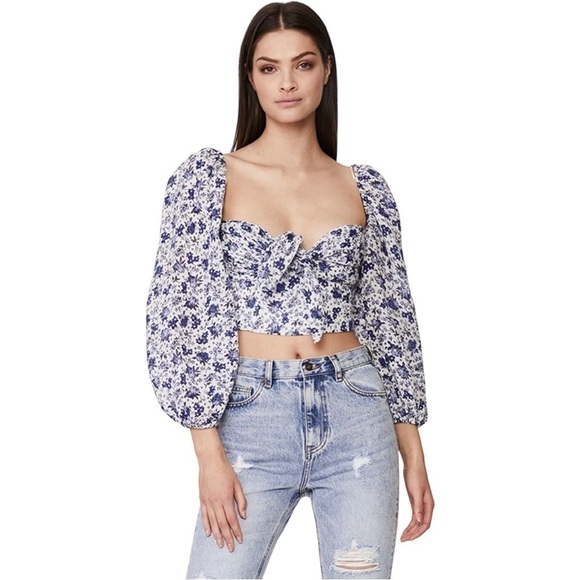 NWT BARDOT Blue Floral Long Sleeve Crop Top XL - Picture 1 of 8